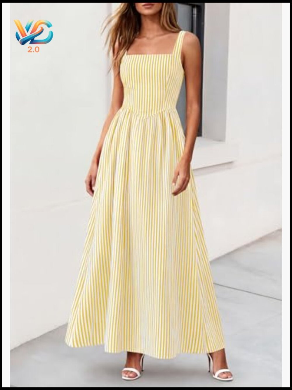 Women's Striped Maxi Dress Fit & Flare Square Neck Sleeveless Summer Sundress - Picture 2 of 7